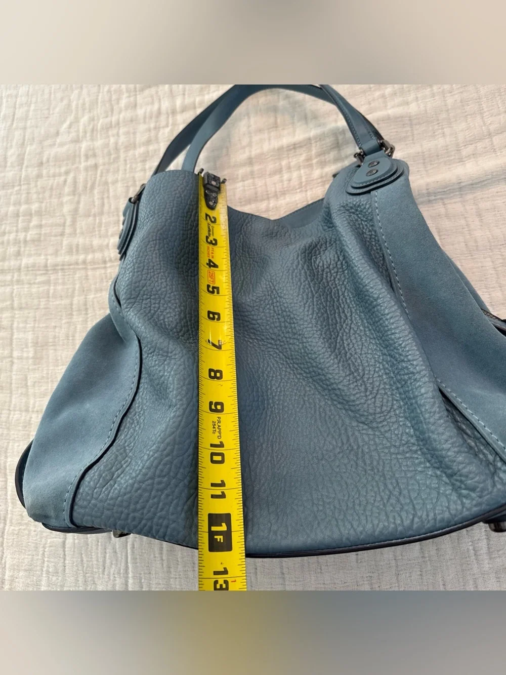 Coach Edie 42 Buffalo-Embossed Mixed Leathers Blue Large Shoulder Bag